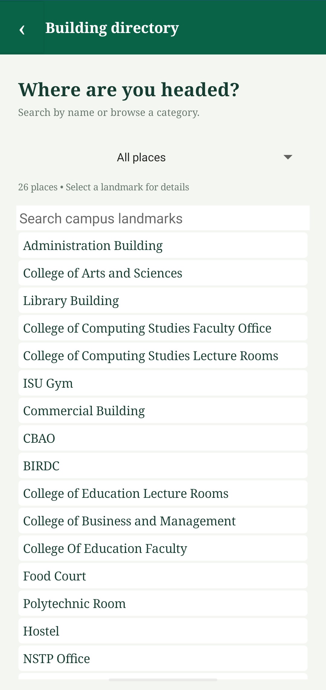Searchable campus building directory